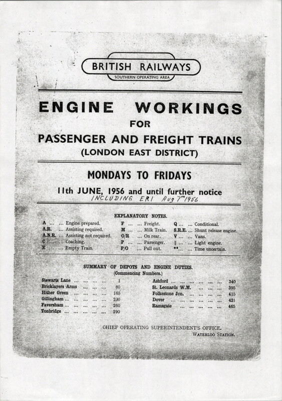 Southern Engine Workings, Eastern Division, Mondays to Fridays starting 11 June 1956. 230 pages. Notes: Revised to ER1. [EW03195606111]