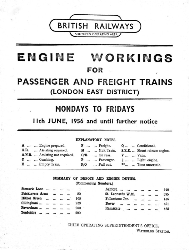 Southern Engine Workings, Eastern Division, Mondays to Fridays starting 11 June 1956. 233 pages. [EW03195606112]