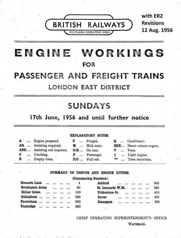Southern Engine Workings, Eastern Division, Sundays starting 17 June 1956. 122 pages. Notes: With ER2 Revisions. [EW03195606170]
