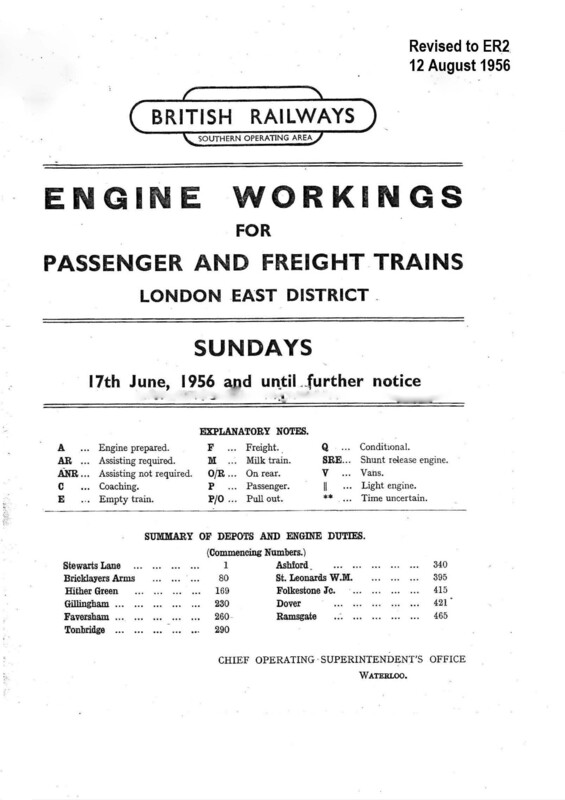 Southern Engine Workings, Eastern Division, Sundays starting 17 June 1956. 80 pages. Notes: Revised to ER2. [EW03195606171]