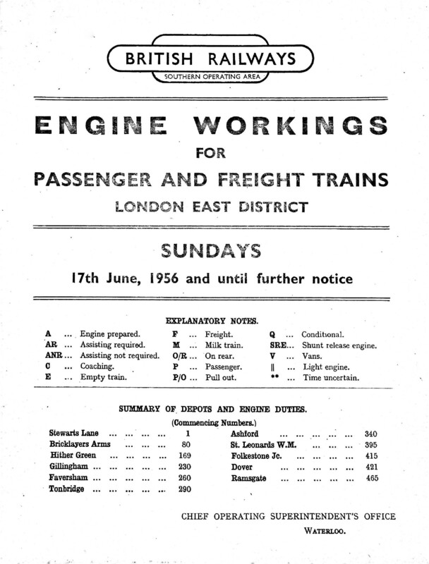 Southern Engine Workings, Eastern Division, Sundays starting 17 June 1956. 80 pages. [EW03195606172]