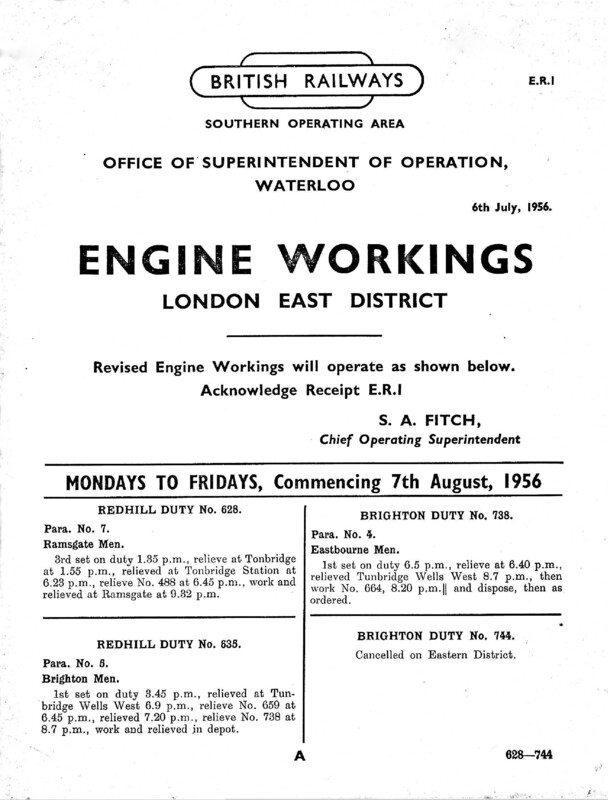 Southern Engine Workings, Eastern Division, Mondays to Fridays starting 07 August 1956. 70 pages. Notes: ER1 Revisions. [EW03195608070]