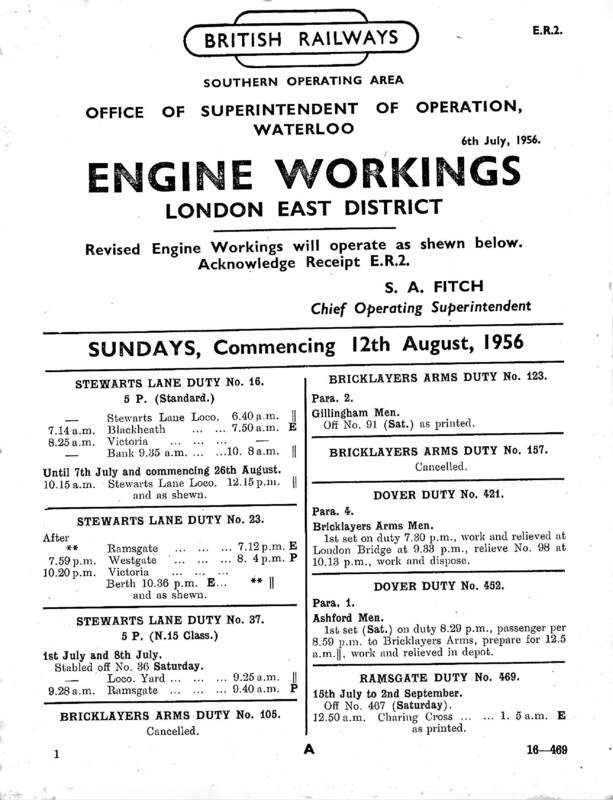 Southern Engine Workings, Eastern Division, Sundays starting 12 August 1956. 42 pages. Notes: ER2 Revisions. [EW03195608120]