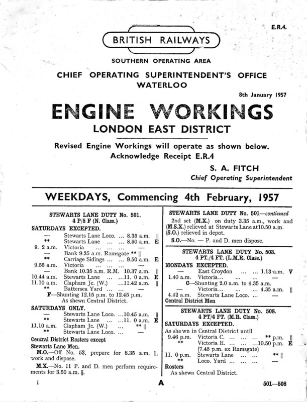 Southern Engine Workings, Eastern Division, Weekdays starting 04 February 1957. 170 pages. Notes: ER4 Revisions. [EW03195702040]