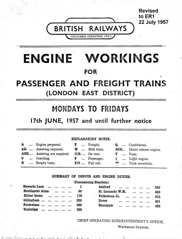 Southern Engine Workings, Eastern Division, Mondays to Fridays starting 17 June 1957. 240 pages. Notes: Revised to ER1. [EW03195706172]