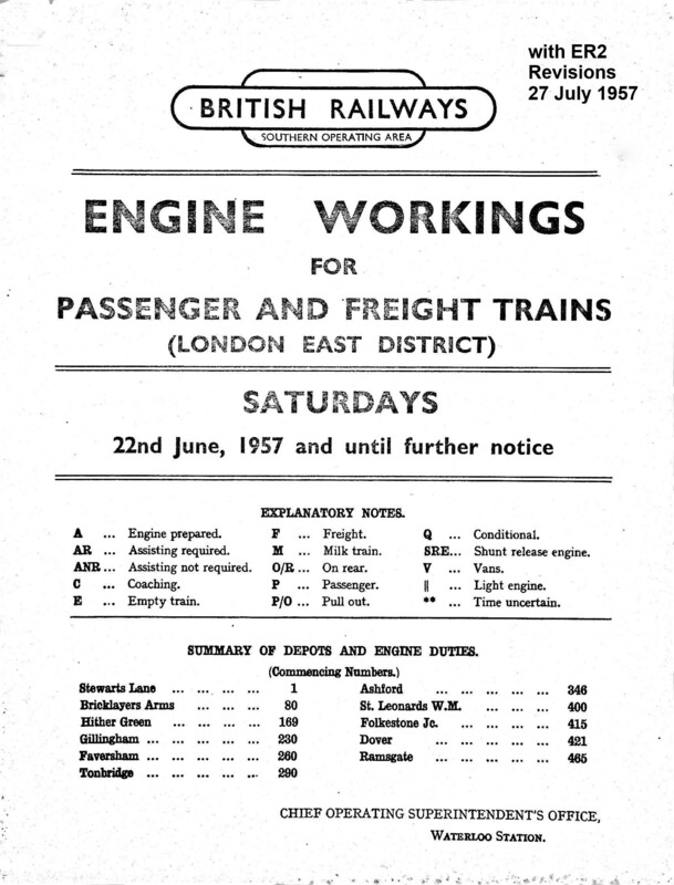 Southern Engine Workings, Eastern Division, Saturdays starting 22 June 1957. 199 pages. Notes: Revised to ER2. [EW03195706222]