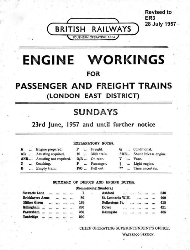 Southern Engine Workings, Eastern Division, Sundays starting 23 June 1957. 89 pages. Notes: Revised to ER3. [EW03195706230]