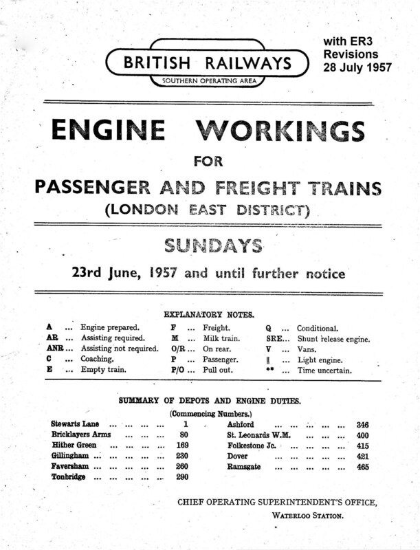 Southern Engine Workings, Eastern Division, Sundays starting 23 June 1957. 126 pages. Notes: With ER3 Revisions. [EW03195706231]