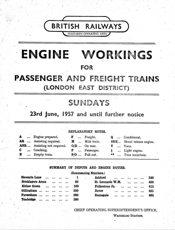 Southern Engine Workings, Eastern Division, Sundays starting 23 June 1957. 89 pages. [EW03195706232]