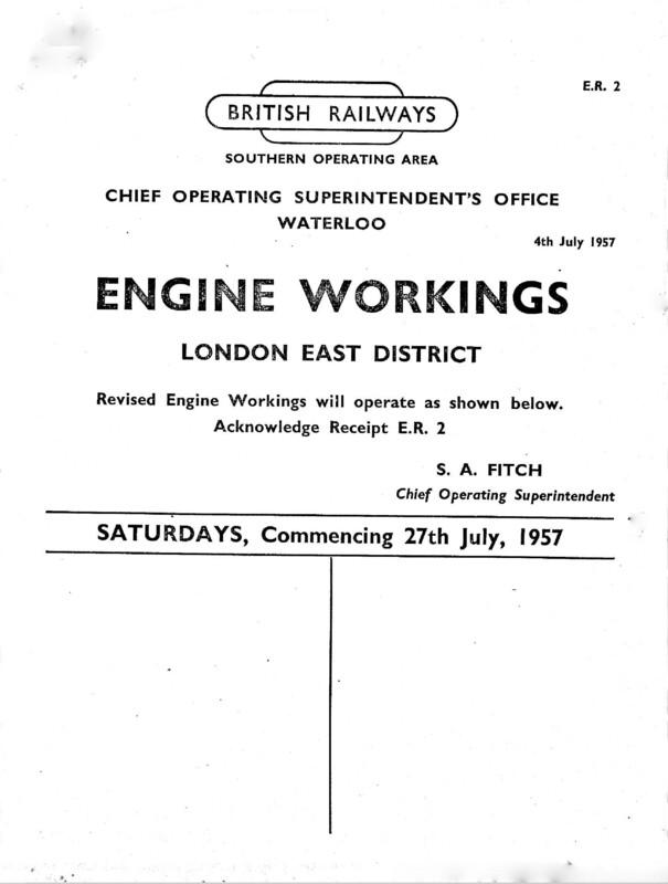 Southern Engine Workings, Eastern Division, Saturdays starting 27 July 1957. 67 pages. Notes: ER2 Revisions. [EW03195707270]