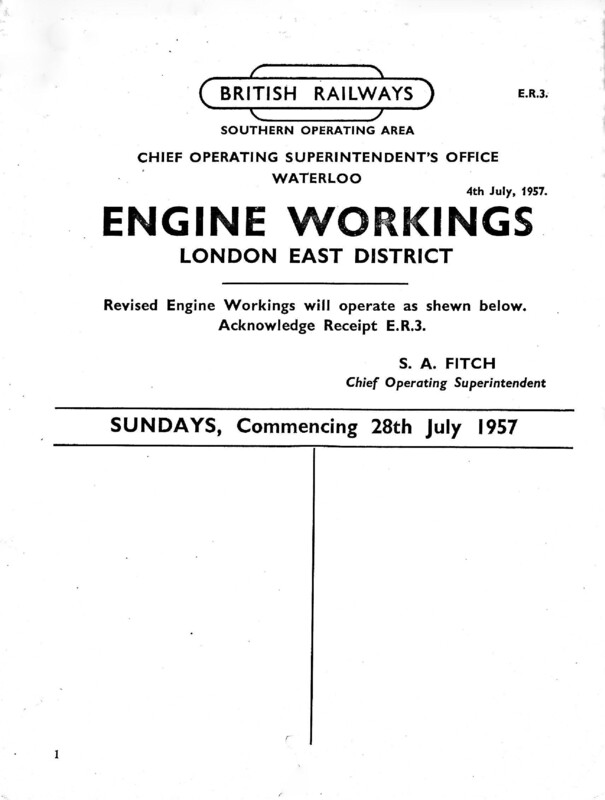 Southern Engine Workings, Eastern Division, Sundays starting 28 July 1957. 37 pages. Notes: ER3 Revisions. [EW03195707280]