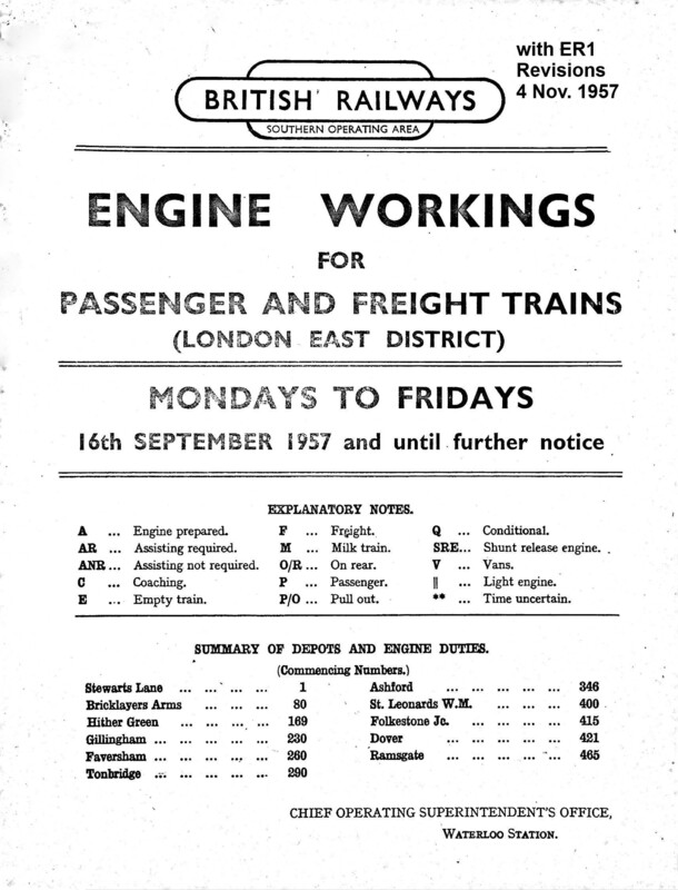 Southern Engine Workings, Eastern Division, Mondays to Fridays starting 16 September 1957. 329 pages. Notes: With ER1 Revisions. [EW03195709160]