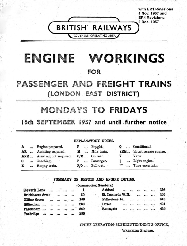 Southern Engine Workings, Eastern Division, Mondays to Fridays starting 16 September 1957. 373 pages. Notes: With ER1 & ER4 Revisions. [EW03195709161]