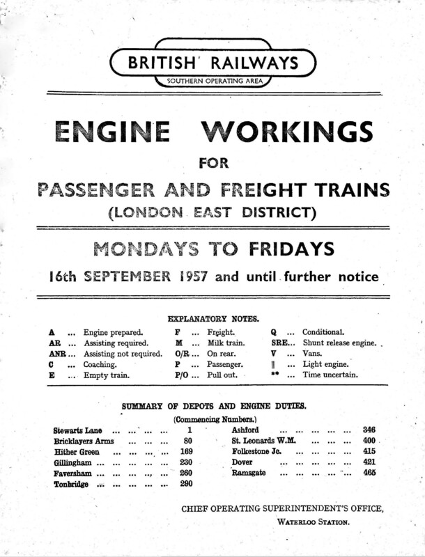 Southern Engine Workings, Eastern Division, Mondays to Fridays starting 16 September 1957. 231 pages. [EW03195709162]