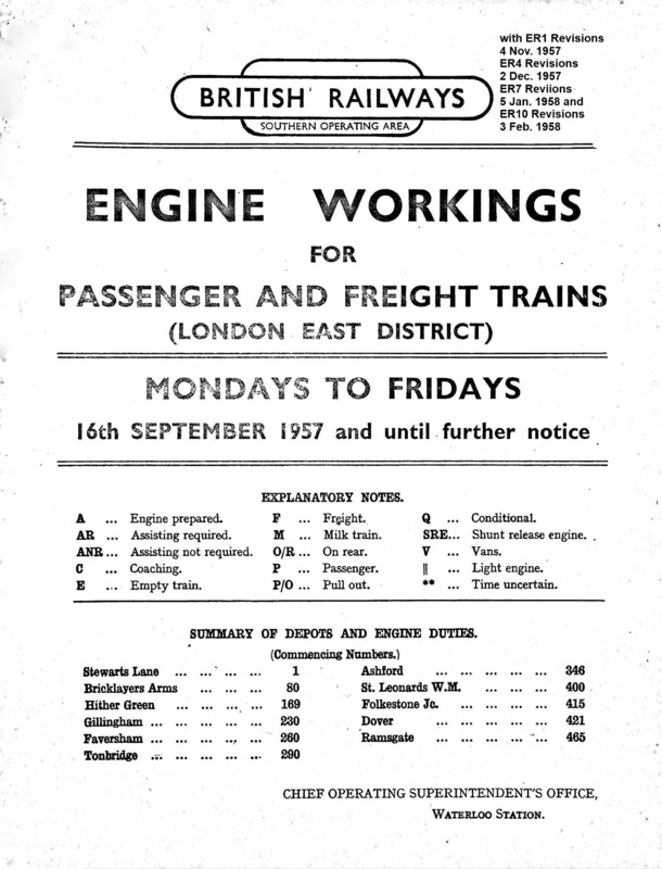 Southern Engine Workings, Eastern Division, Mondays to Fridays starting 16 September 1957. 496 pages. Notes: With ER1 & ER4 & ER7 & ER10 Revisions. [EW03195709164]