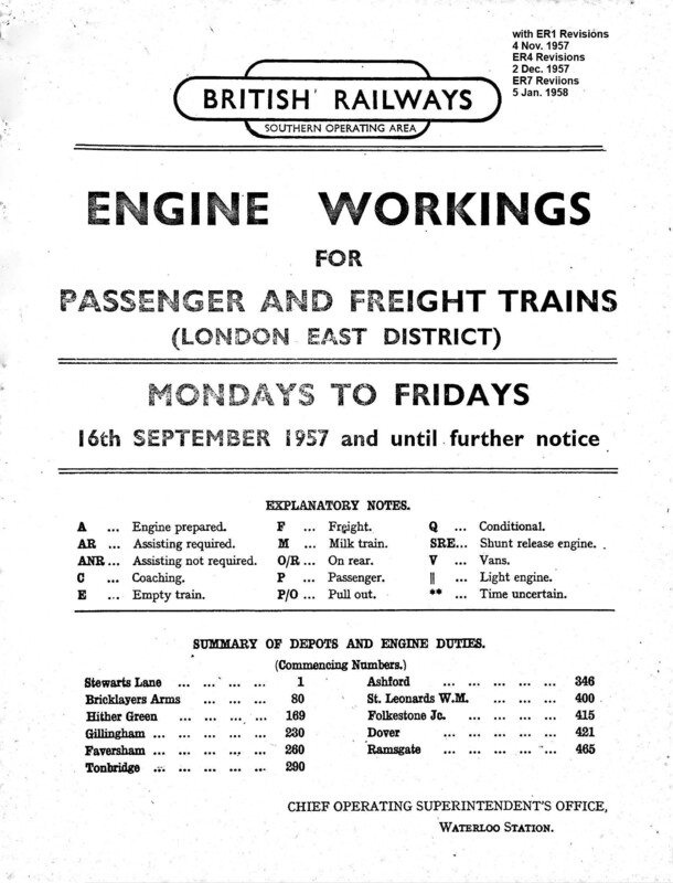Southern Engine Workings, Eastern Division, Mondays to Fridays starting 16 September 1957. 421 pages. Notes: With ER1 & ER4 & ER7 Revisions. [EW03195709165]