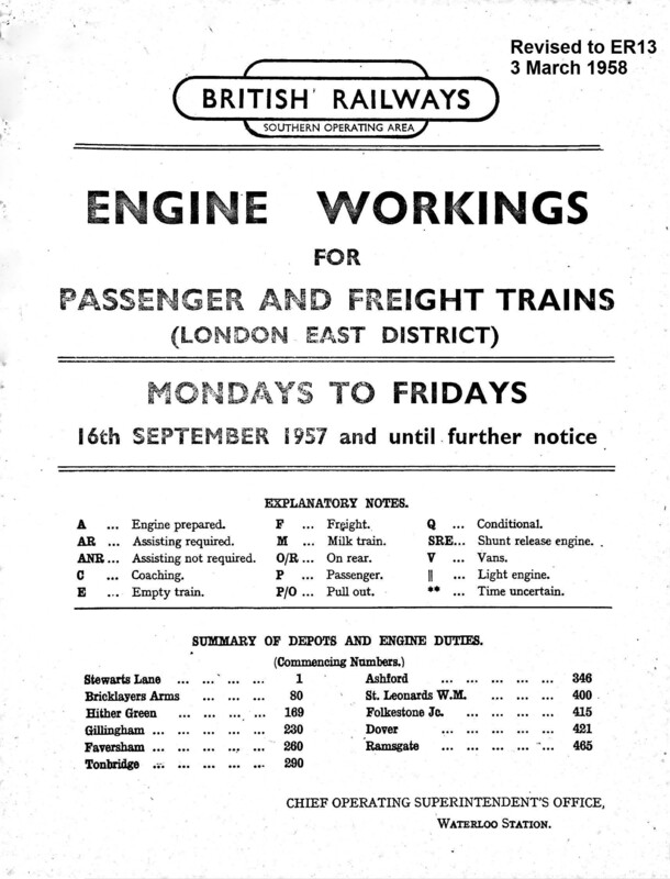 Southern Engine Workings, Eastern Division, Mondays to Fridays starting 16 September 1957. 236 pages. Notes: Revised to ER13 V2. [EW03195709166]