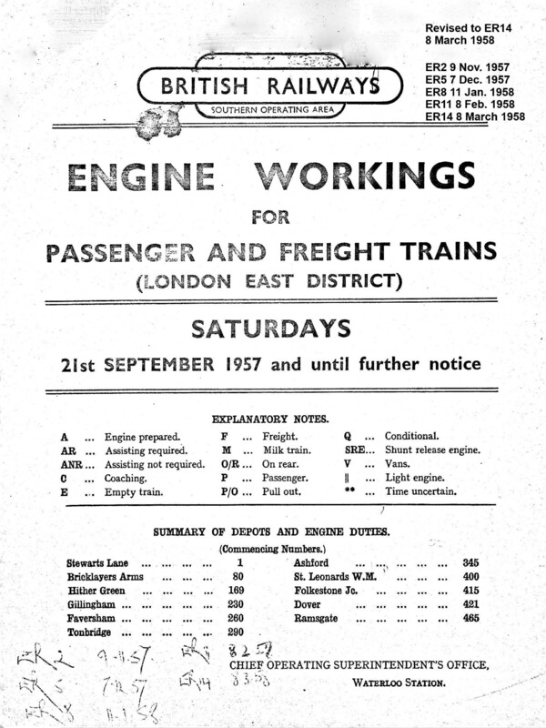 Southern Engine Workings, Eastern Division, Saturdays starting 21 September 1957. 147 pages. Notes: Revised to ER14 V1. [EW03195709211]