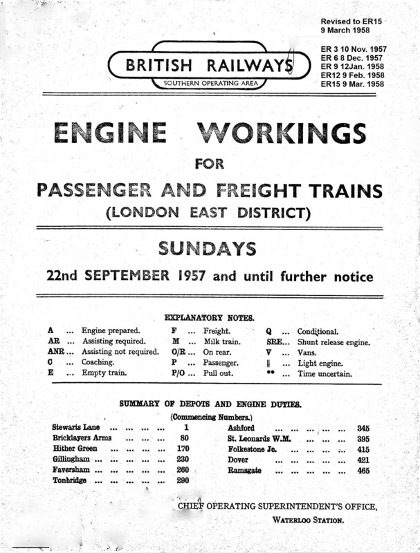 Southern Engine Workings, Eastern Division, Sundays starting 22 September 1957. 71 pages. Notes: Revised to ER15. [EW03195709220]