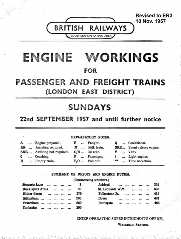 Southern Engine Workings, Eastern Division, Sundays starting 22 September 1957. 65 pages. Notes: Revised to ER3. [EW03195709221]