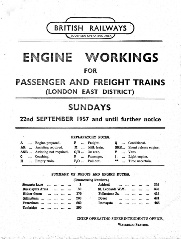 Southern Engine Workings, Eastern Division, Sundays starting 22 September 1957. 64 pages. [EW03195709222]