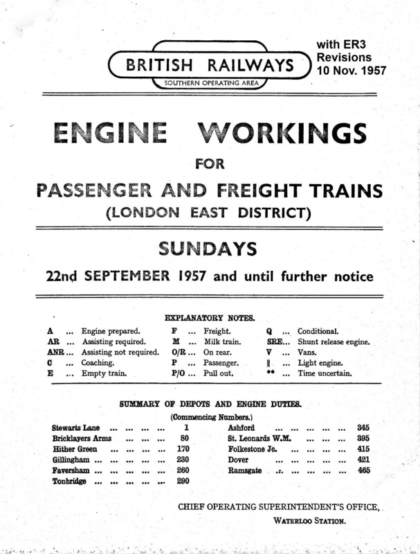 Southern Engine Workings, Eastern Division, Sundays starting 22 September 1957. 98 pages. Notes: With ER3 Revisions. [EW03195709224]
