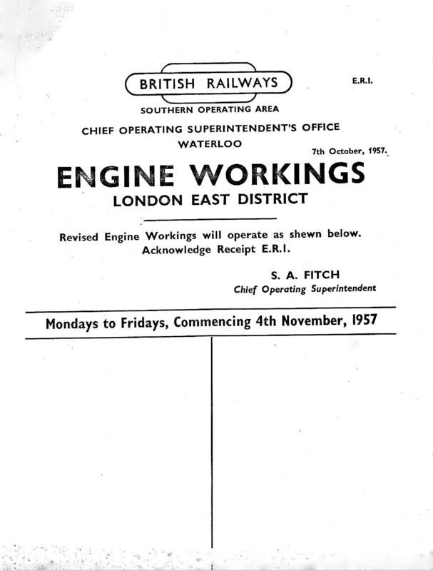 Southern Engine Workings, Eastern Division, Mondays to Fridays starting 04 November 1957. 98 pages. Notes: ER1 Revisions. [EW03195711040]