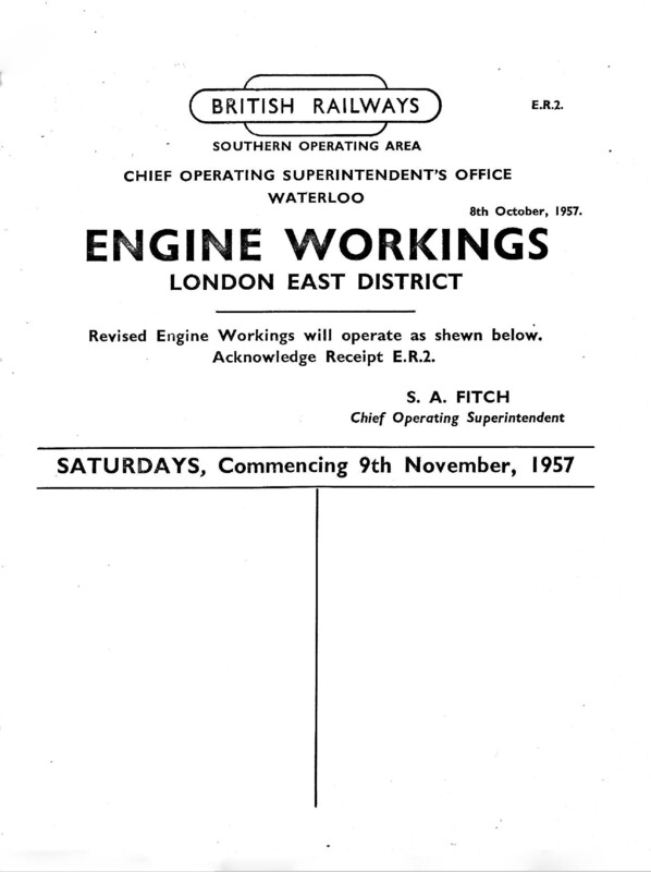 Southern Engine Workings, Eastern Division, Saturday starting 09 November 1957. 60 pages. Notes: ER2 Revisions. [EW03195711090]