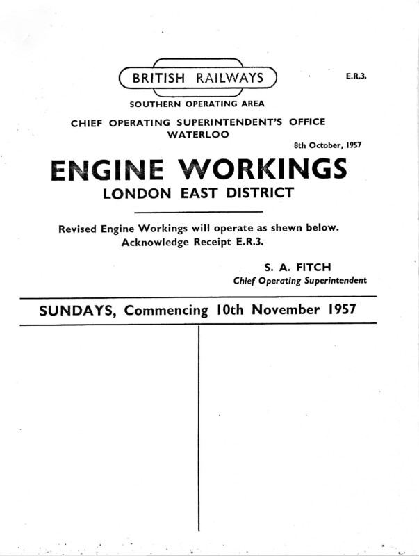Southern Engine Workings, Eastern Division, Sundays starting 10 November 1957. 34 pages. Notes: ER3 Revisions. [EW03195711100]