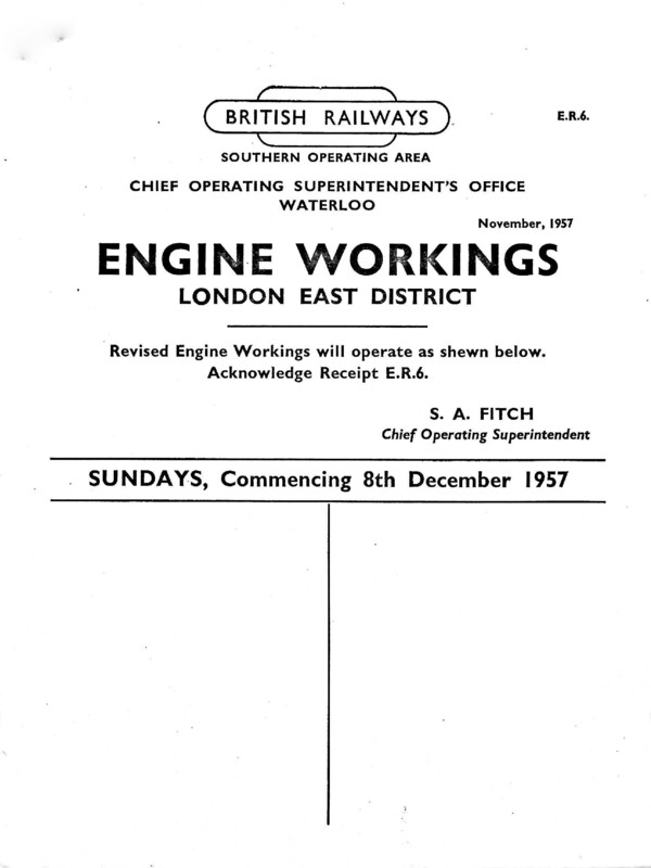 Southern Engine Workings, Eastern Division, Sundys starting 08 December 1957. 14 pages. Notes: ER6 Revisions. [EW03195712080]