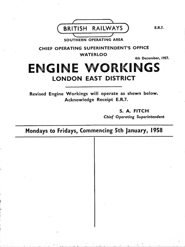Southern Engine Workings, Eastern Division, Mondays to Fridays starting 05 January 1958. 48 pages. Notes: ER7 Revisions. [EW03195801050]