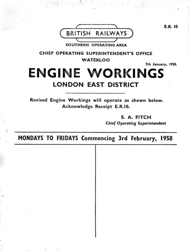 Southern Engine Workings, Eastern Division, Mondays to Fridays starting 03 February 1958. 75 pages. Notes: ER10 Revisions. [EW03195802030]