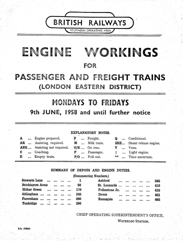 Southern Engine Workings, Eastern Division, Mondays to Fridays starting 09 June 1958. 237 pages. [EW03195806090]