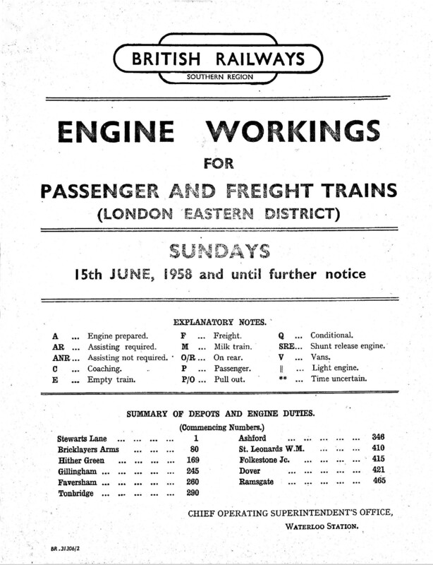Southern Engine Workings, Eastern Division, Sundays starting 15 June 1958. 92 pages. [EW03195806150]