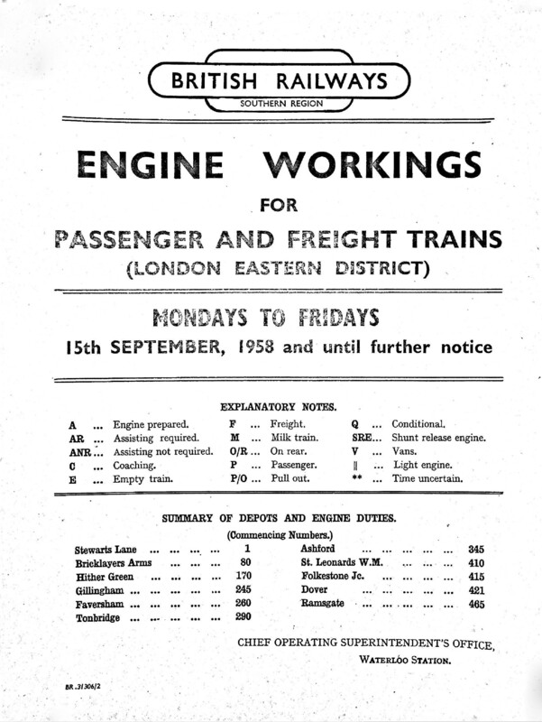Southern Engine Workings, Eastern Division, Mondays to Fridays starting 15 September 1958. 228 pages. [EW03195809150]
