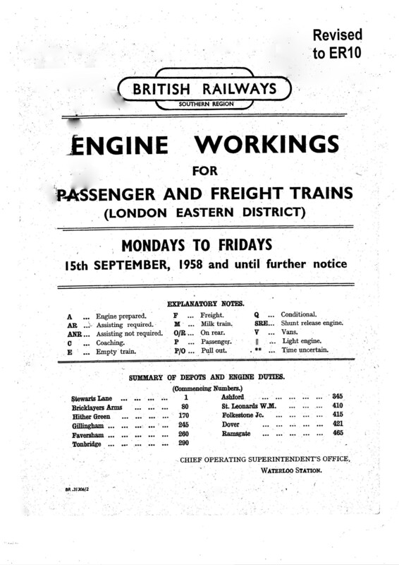 Southern Engine Workings, Eastern Division, Mondays to Fridays starting 15 September 1958. 234 pages. Notes: Revised to ER10. [EW03195809151]