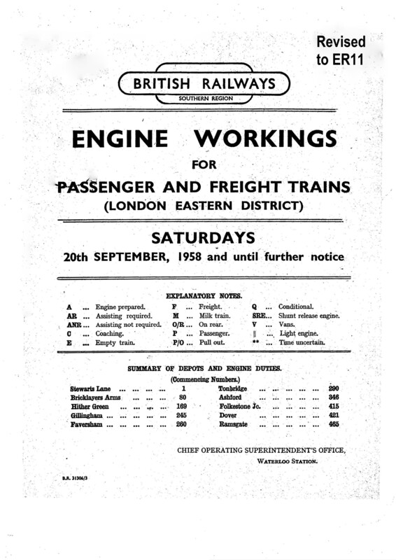 Southern Engine Workings, Eastern Division, Saturdays starting 20 September 1958. 154 pages. Notes: Revised to ER11. [EW03195809200]