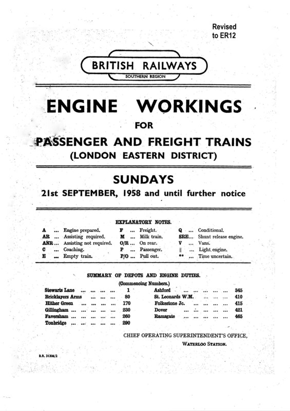 Southern Engine Workings, Eastern Division, Sundays starting 21 September 1958. 78 pages. Notes: Revised to ER12. [EW03195809211]