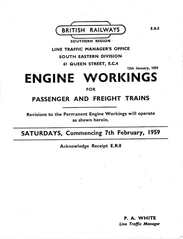 Southern Engine Workings, Eastern Division, Saturdays starting 07 February 1959. 69 pages. Notes: ER8 Revisions. [EW03195902070]