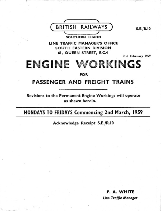 Southern Engine Workings, Eastern Division, Mondays to Fridays starting 02 March 1959. 55 pages. Notes: SER10 Revisions. [EW03195903020]