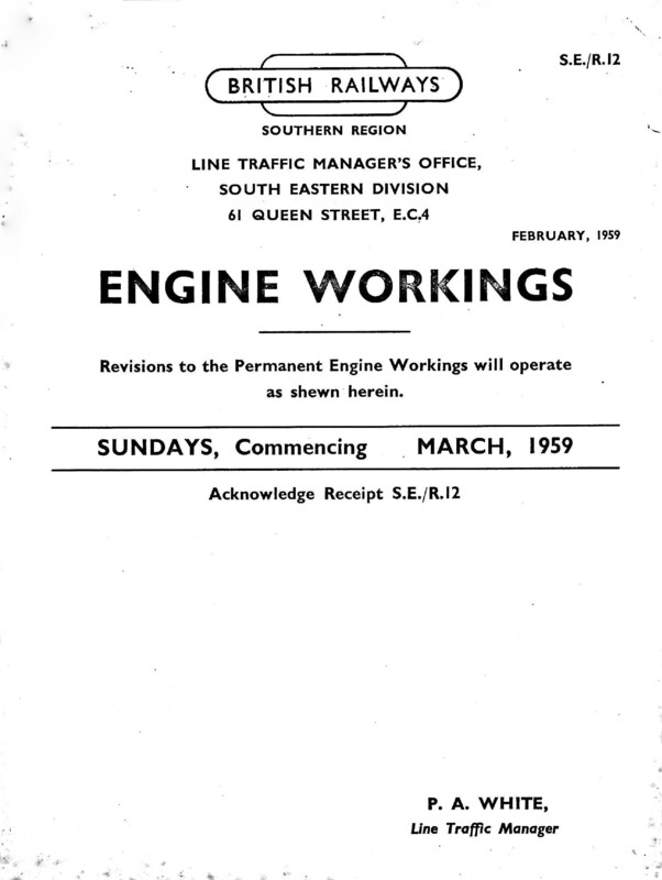 Southern Engine Workings, Eastern Division, Sundays starting 08 March 1959. 8 pages. Notes: SER12 Revisions. [EW03195903080]