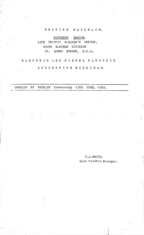Southern Engine Workings, South Eastern Division, Mondays to Fridays starting 15 June 1959. 22 pages. Notes: Diesel and Electric. [EW03195906150]