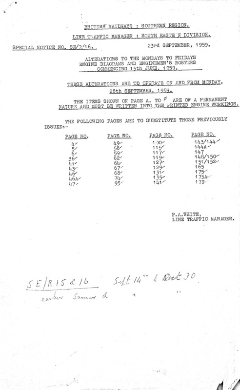 Southern Engine Workings, South Eastern Division, Mondays to Fridays starting 15 June 1959. 7 pages. Notes: SER16 Revisions. [EW03195906151]