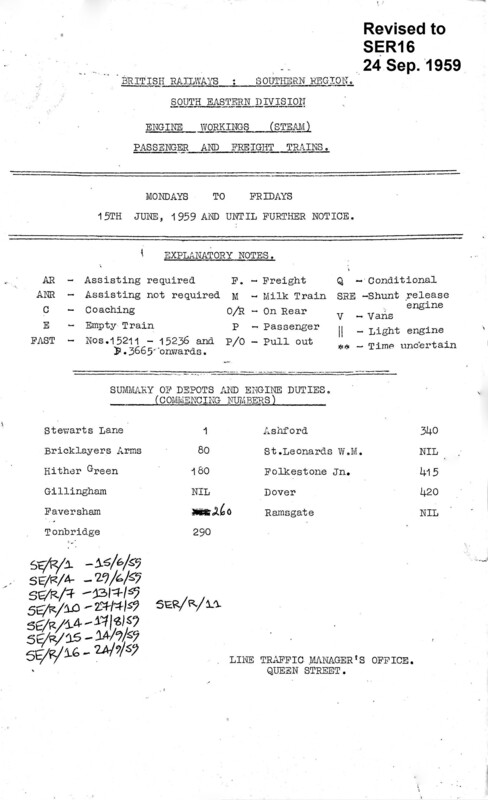 Southern Engine Workings, South Eastern Division, Mondays to Fridays starting 15 June 1959. 187 pages. Notes: Revised to SER16. [EW03195906153]