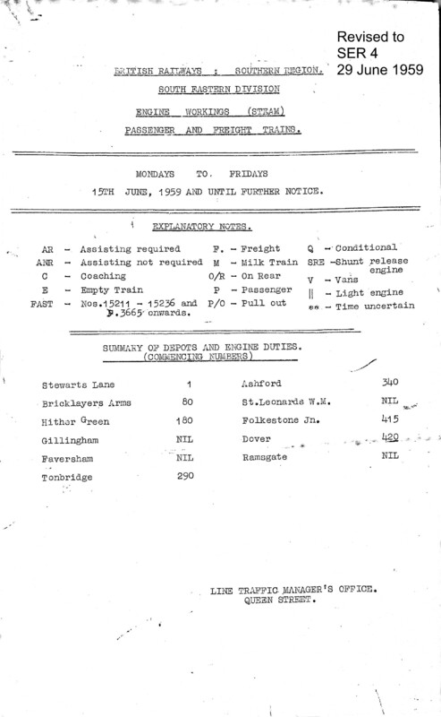 Southern Engine Workings, South Eastern Division, Mondays to Fridays starting 15 June 1959. 198 pages. Notes: Revised to SER4. [EW03195906154]