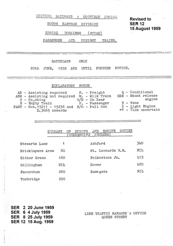 Southern Engine Workings, South Eastern Division, Saturdays starting 20 June 1959. 103 pages. Notes: Revised to SER12. [EW03195906201]