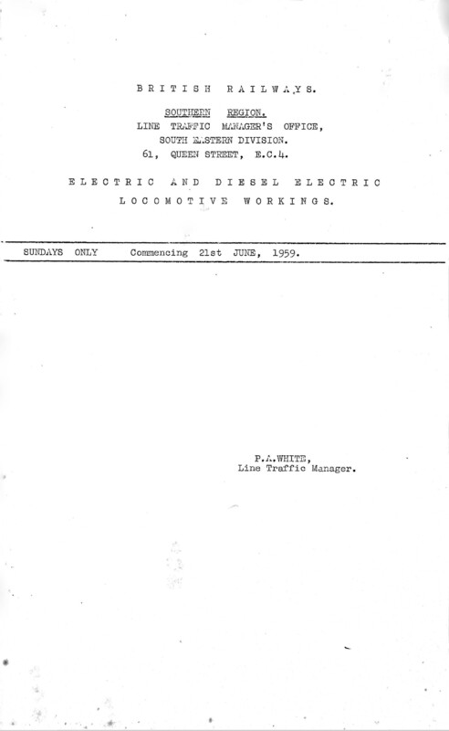 Southern Engine Workings, South Eastern Division, Sundays starting 21 June 1959. 12 pages. Notes: Diesel and Electric. [EW03195906210]