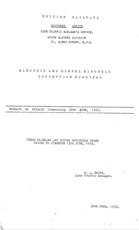 Southern Engine Workings, South Eastern Division, Mondays to Fridays starting 29 June 1959. 19 pages. Notes: Diesel and Electric. [EW03195906290]