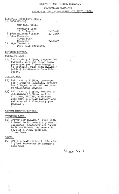 Southern Engine Workings, South Eastern Division, Saturdays starting 04 July 1959. 15 pages. Notes: Diesel and Electric. [EW03195907040]