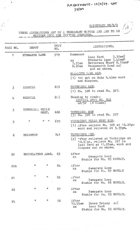 Southern Engine Workings, South Eastern Division, Saturdays starting 19 September 1959. 7 pages. Notes: Revisions. [EW03195909190]